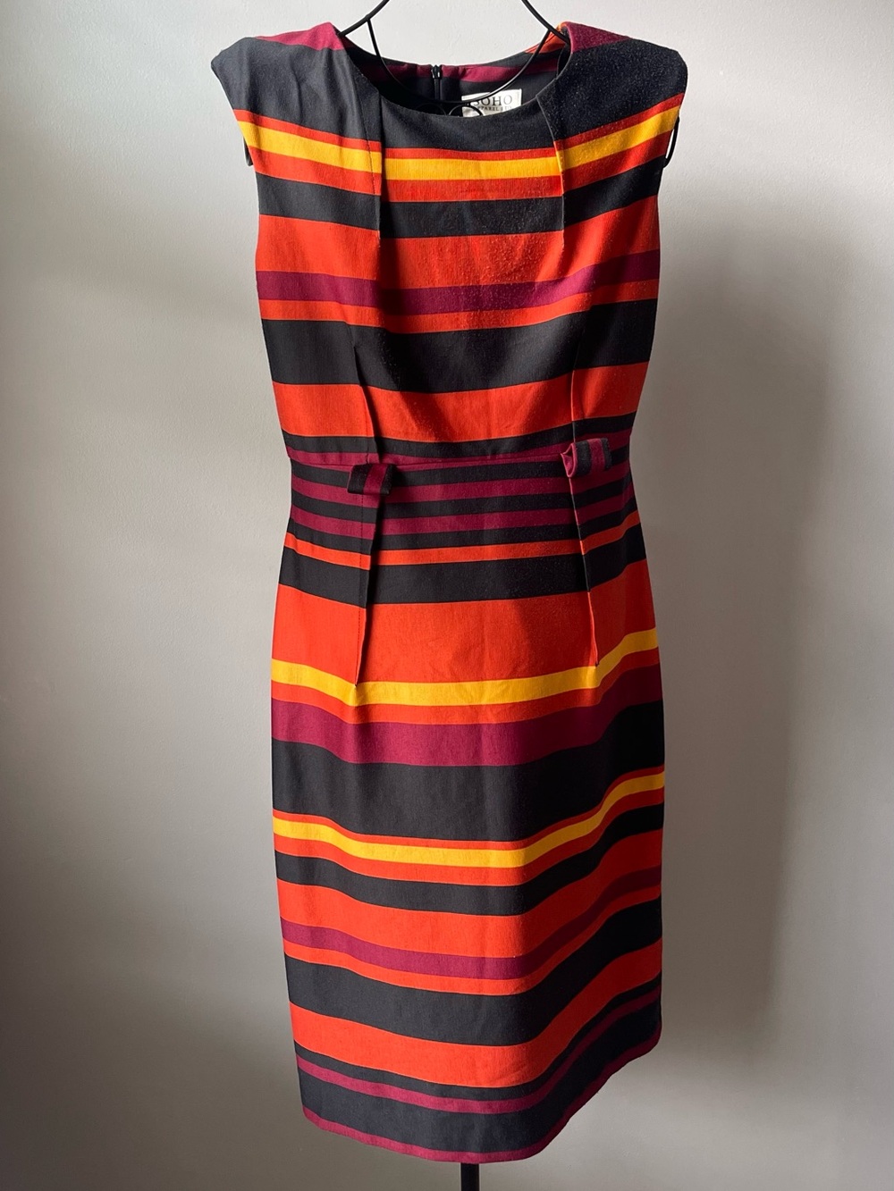 Sleeveless Striped Sheath Dress in Black, Red & Yellow